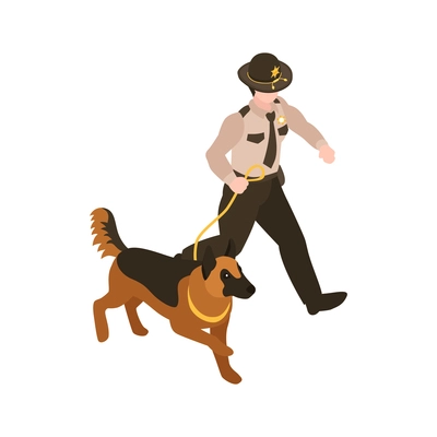 Isometric sheriff composition with human character of sheriff walking with police dog vector illustration