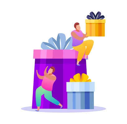 People with gifts composition with flat icons of colorful gift boxes with ribbons and small human characters vector illustration