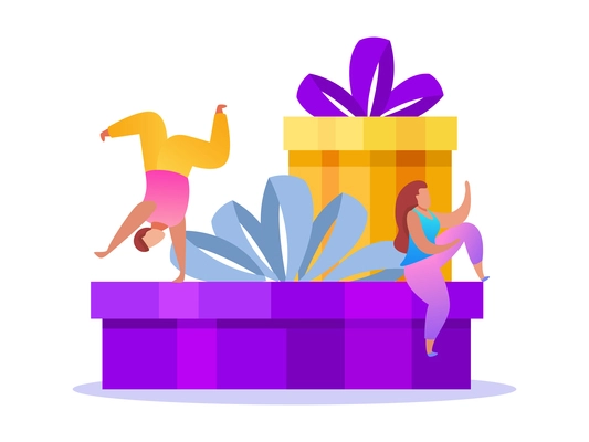 People with gifts composition with flat icons of colorful gift boxes with ribbons and small human characters vector illustration