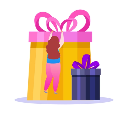 People with gifts composition with flat icons of colorful gift boxes with ribbons and small human characters vector illustration