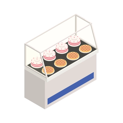 Bakery confectionery pizza isometric composition with shop display fridge with ready cakes vector illustration