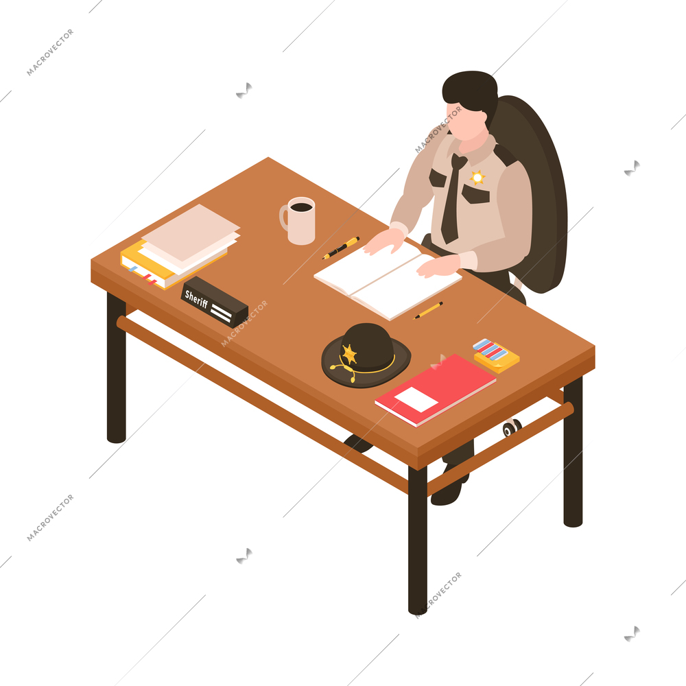 Isometric sheriff composition with view of sheriffs working place with table and paperwork vector illustration