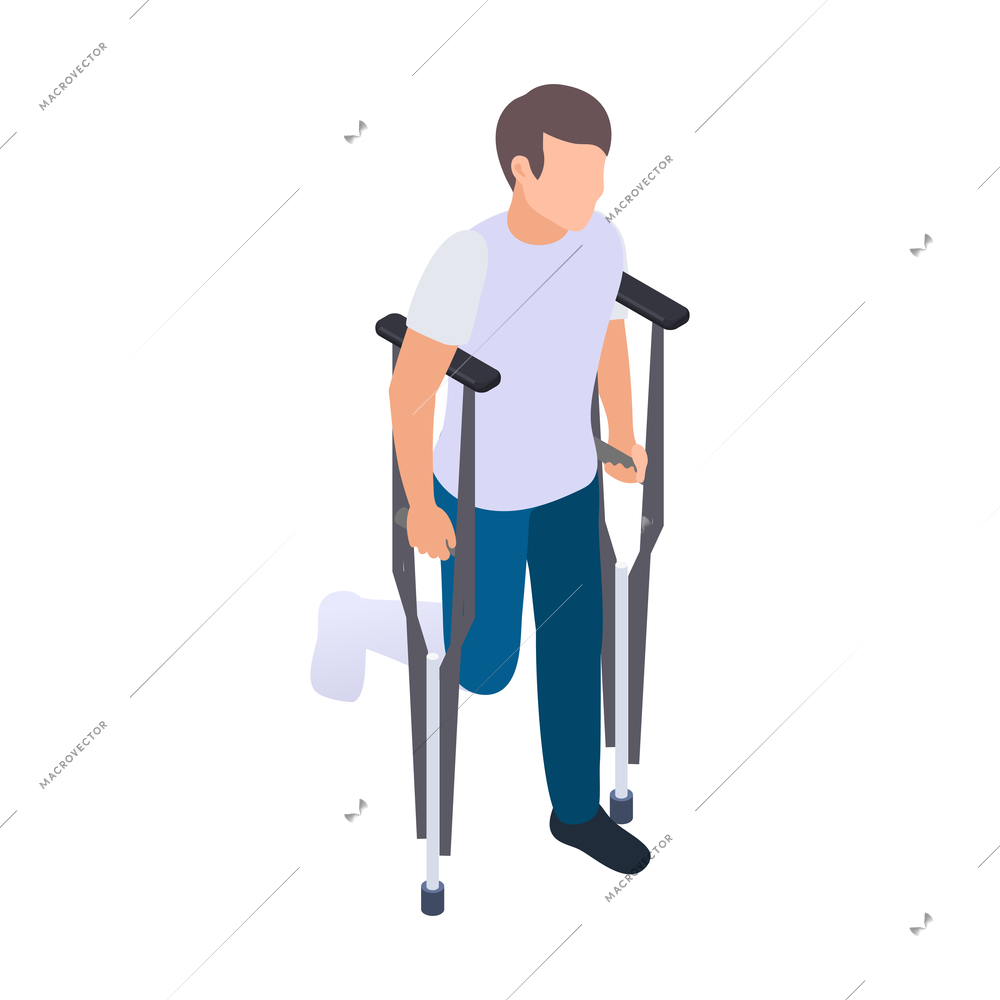Disabled people isometric composition with human character of man on crutches vector illustration