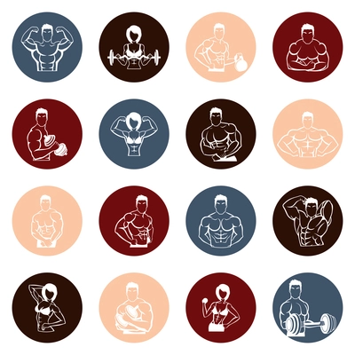 Bodybuilding fitness gym round icons flat set with strong men and women figures lifting iron isolated vector illustration