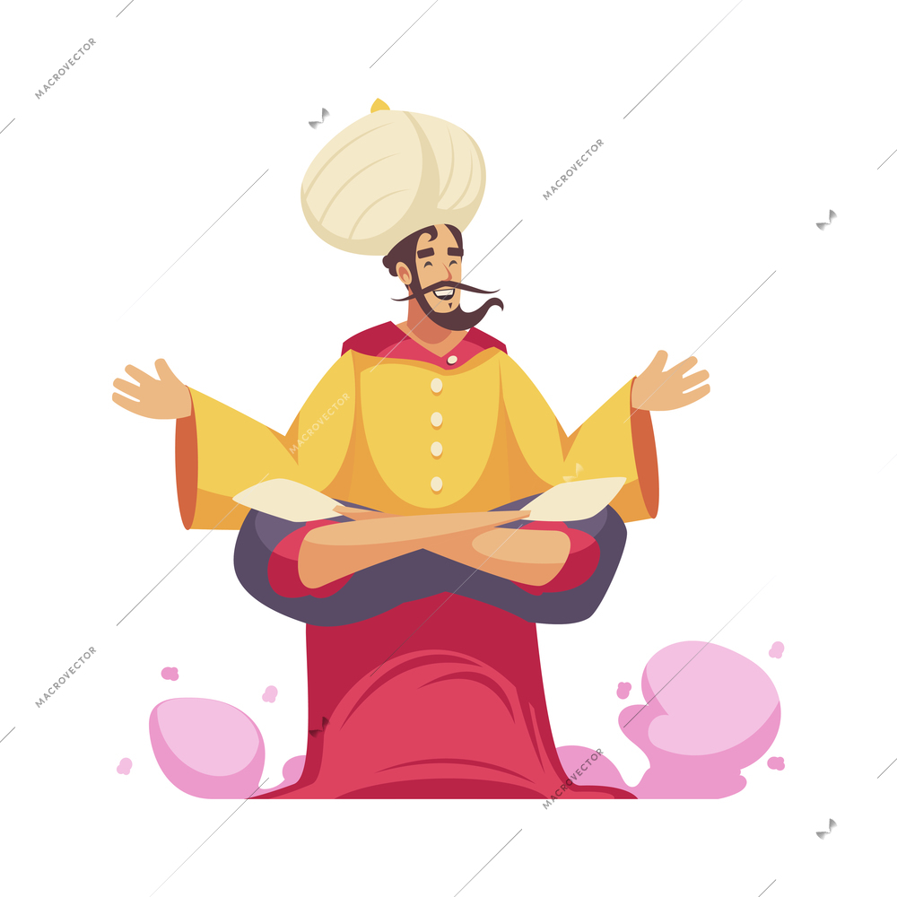 Circus composition with isolated male character of oriental magician flying on carpet vector illustration