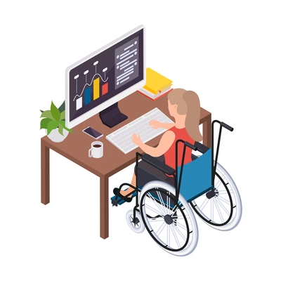 Disabled people isometric composition with human character of woman on wheelchair working at computer table vector illustration