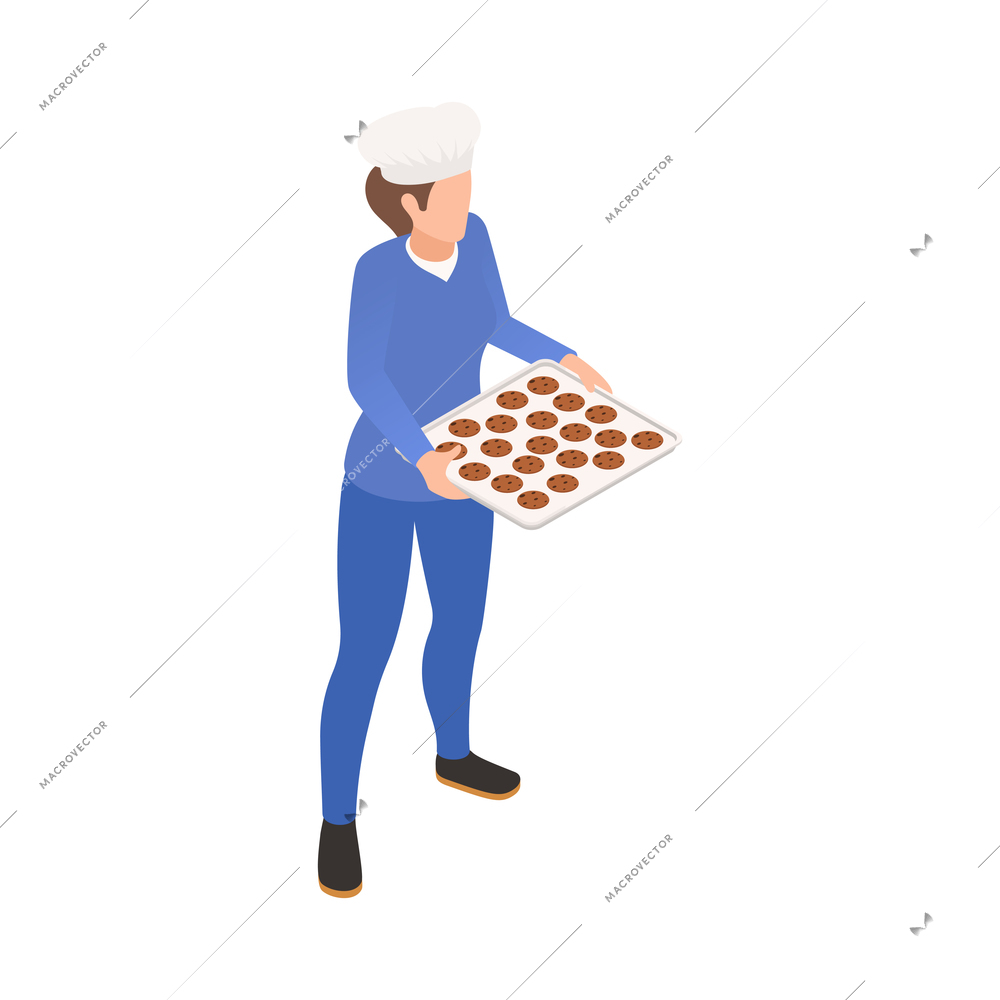 Bakery confectionery pizza isometric composition with female character holding tray with chocolate cookies vector illustration