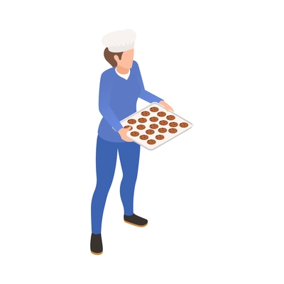 Bakery confectionery pizza isometric composition with female character holding tray with chocolate cookies vector illustration