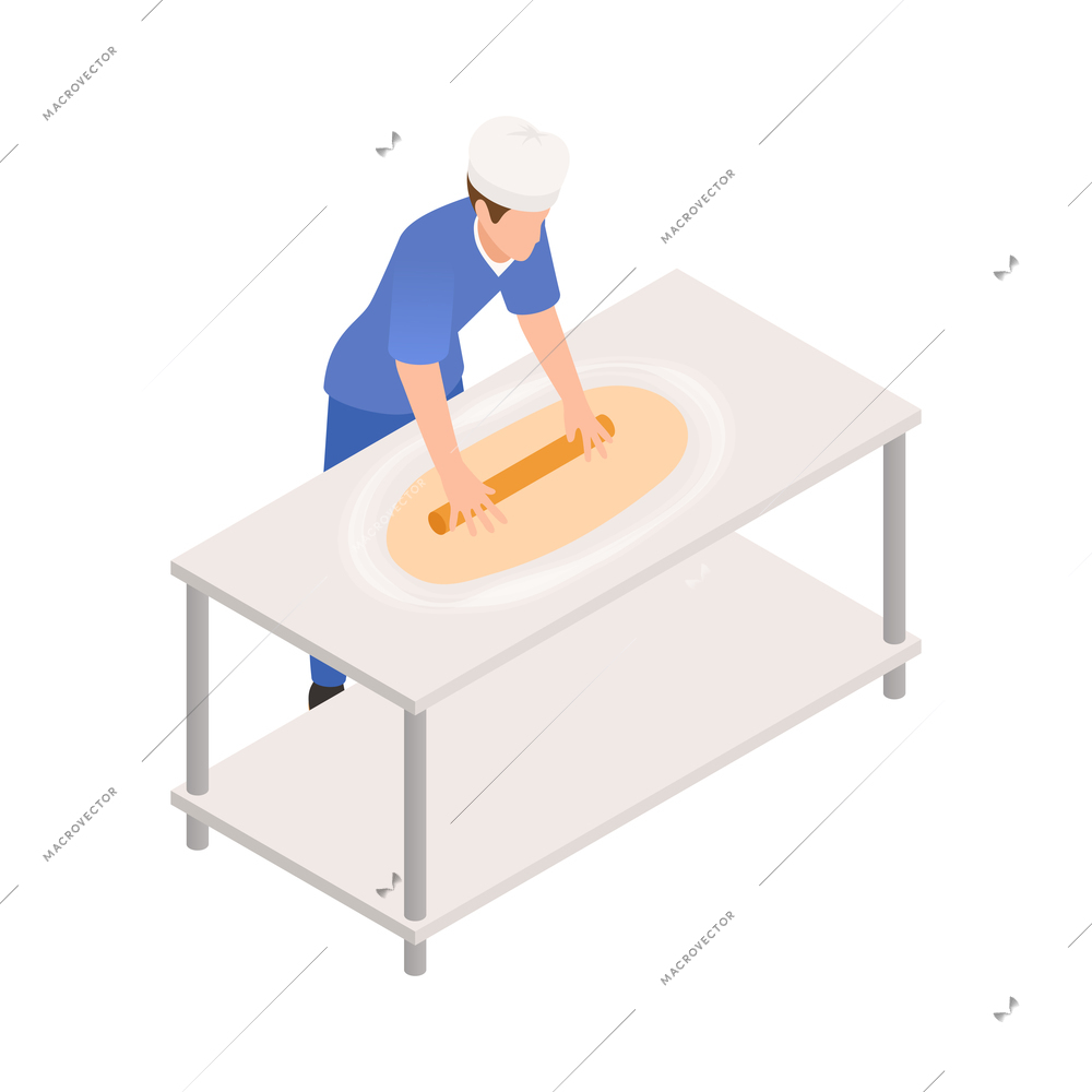 Bakery confectionery pizza isometric composition with character of cook rolling out pastry vector illustration