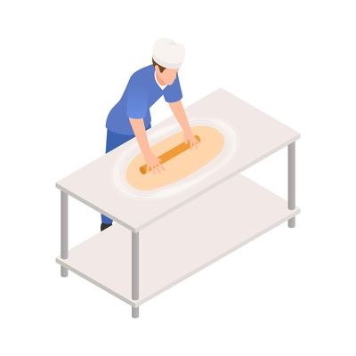 Bakery confectionery pizza isometric composition with character of cook rolling out pastry vector illustration