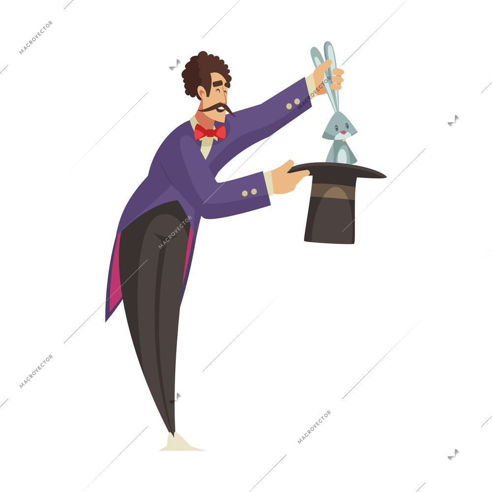 Circus composition with isolated male character of magician picking bunny out of hat vector illustration