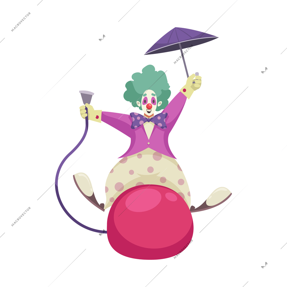 Circus composition with isolated character of clown on big ball with umbrella vector illustration