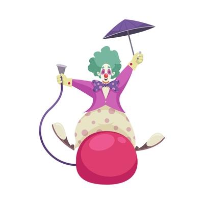 Circus composition with isolated character of clown on big ball with umbrella vector illustration