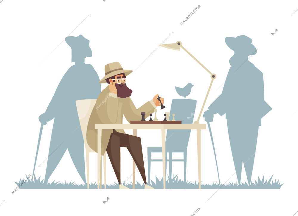 Lonely composition with character of old man sitting at chess table alone with silhouettes of people vector illustration