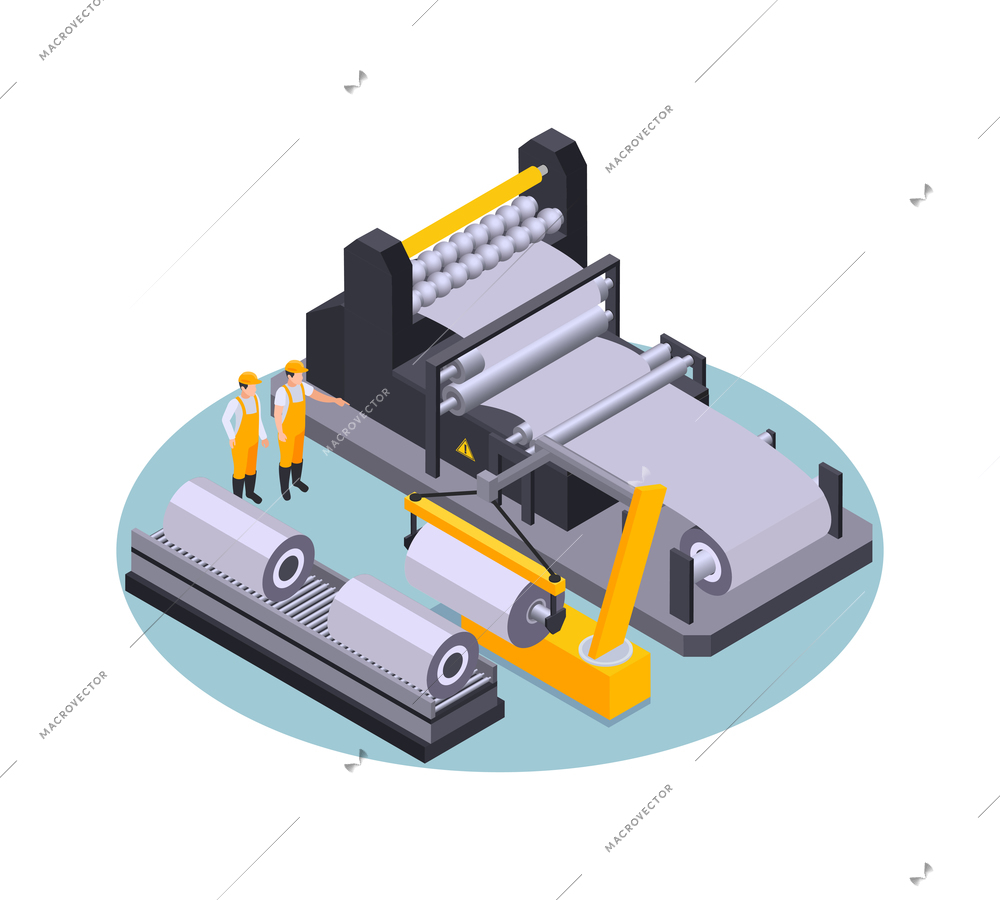 Isometric metal industry metalworking plant composition with equipment for casting iron and characters of workers isolated vector illustration