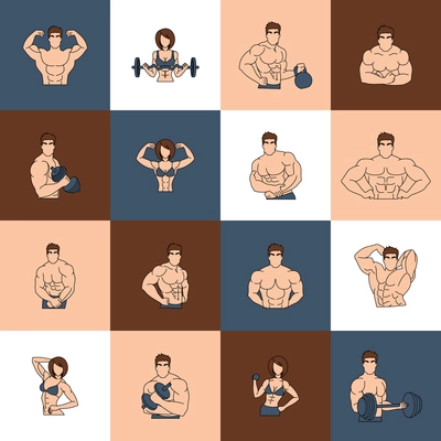 Bodybuilding fitness gym icons flat line set with strong muscular people isolated vector illustration