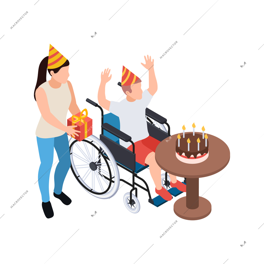 Disabled people isometric composition with birthday cake and boyon wheelchair with mother and gifts vector illustration