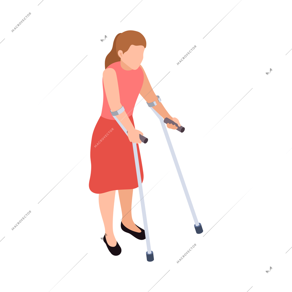 Disabled people isometric composition with human character of woman on crutches vector illustration