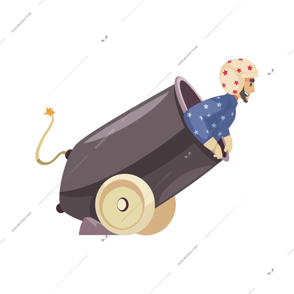 Circus composition with isolated male character of man inside cannon gun vector illustration