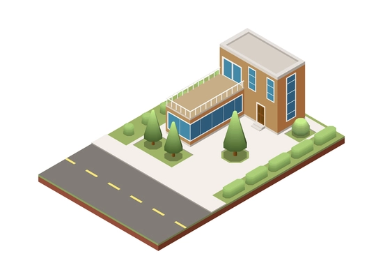 Suburban residential houses neighborhood composition with isolated image of dwelling place with buildings pavement and road vector illustration