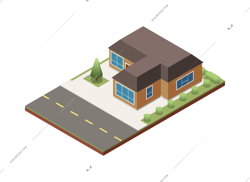 Suburban residential houses neighborhood composition with isolated image of dwelling place with buildings pavement and road vector illustration