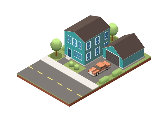 Suburban residential houses neighborhood composition with isolated image of dwelling place with buildings pavement and road vector illustration