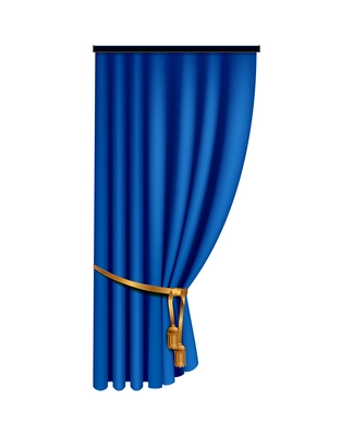 Realistic blue curtains composition with isolated image of luxury curtain with golden tie vector illustration