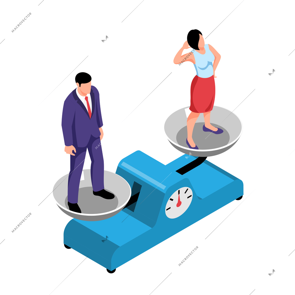 Isometric womens rights feminism gender equality composition with isolated human characters of man and woman on balance weighs vector illustration