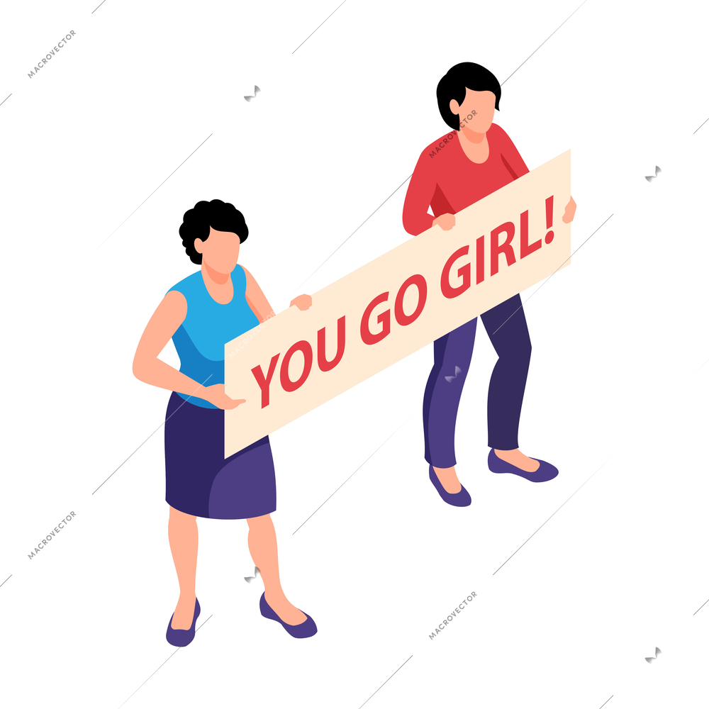 Isometric womens rights feminism gender equality composition with isolated human characters of two women holding placard vector illustration