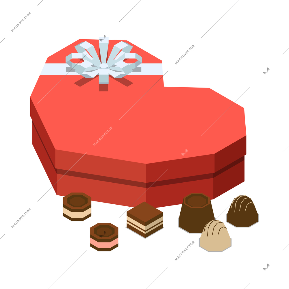 Chocolate production isometric composition with isolated image of heart shaped box of chocolate candies vector illustration