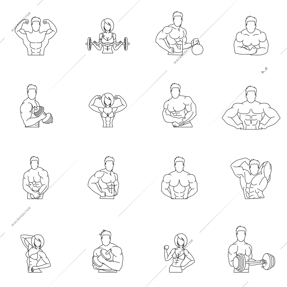 Bodybuilding fitness gym icons outline set with people workout isolated vector illustration