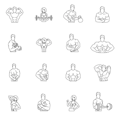 Bodybuilding fitness gym icons outline set with people workout isolated vector illustration