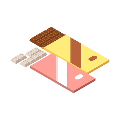 Chocolate production isometric composition with isolated images of bars of white and milk chocolate vector illustration