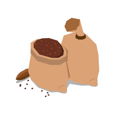 Chocolate production isometric composition with isolated images of sacks with chocolate beans vector illustration