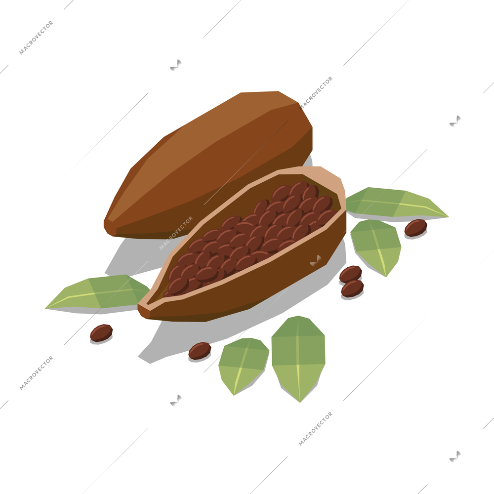 Chocolate production isometric composition with closeup view of chocolate beans with leaves vector illustration
