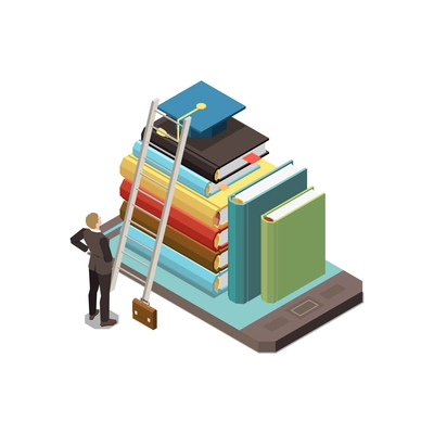 Online education isometric concept icons composition with isolated image of smartphone with pile of books ladder and man vector illustration