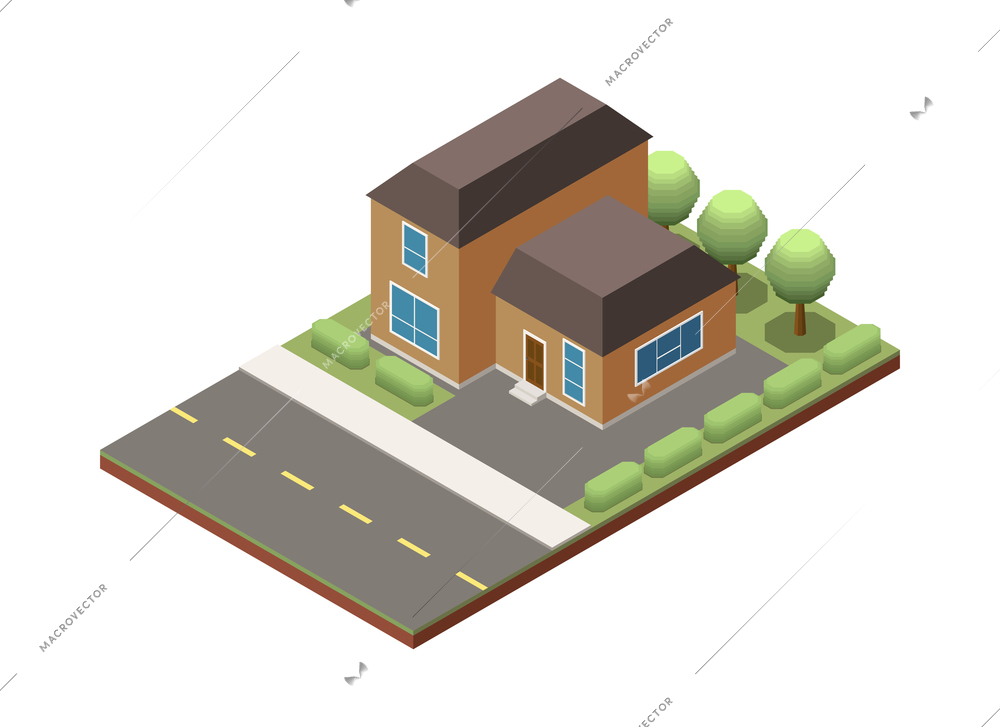 Suburban residential houses neighborhood composition with isolated image of dwelling place with buildings pavement and road vector illustration