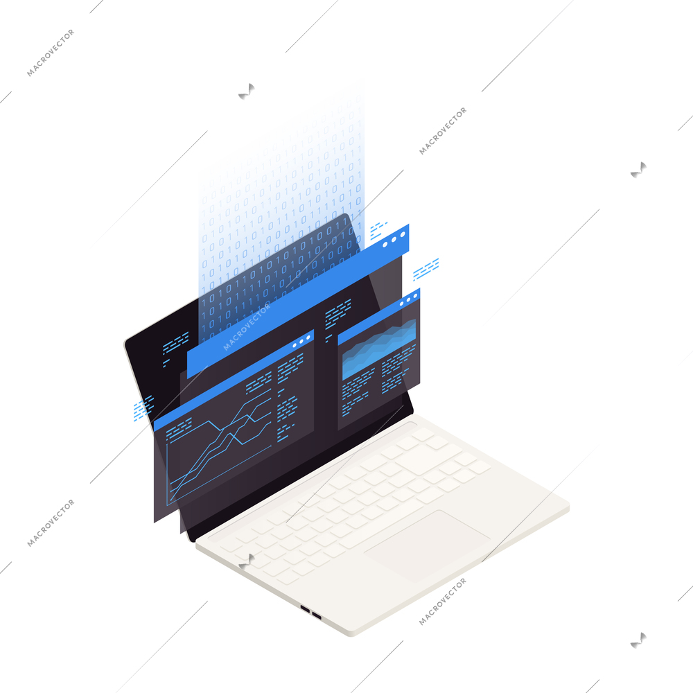 Big data analysis isometric icons composition with image of laptop and holographic screens vector illustration