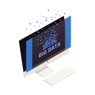 Big data analysis isometric icons composition with image of desktop computer with big data segments vector illustration