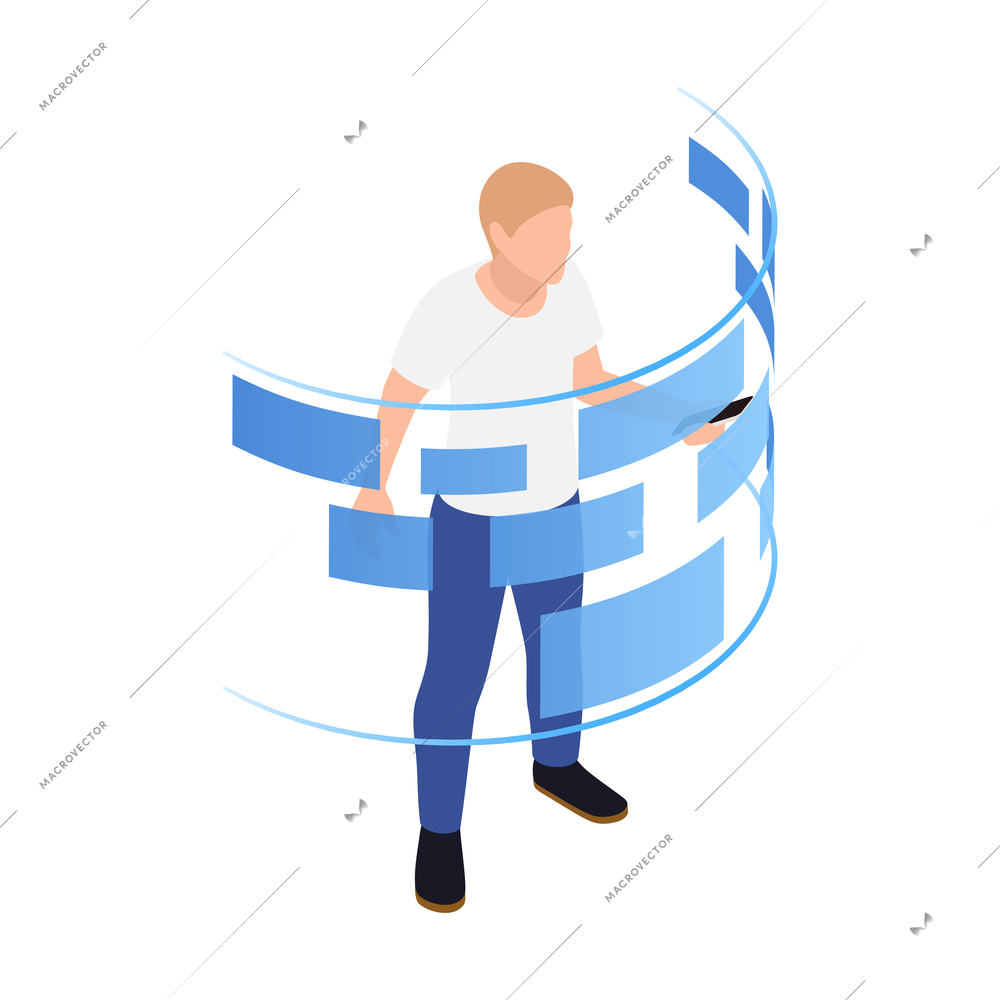 Big data analysis isometric icons composition with character of man surrounded by holographic screens vector illustration