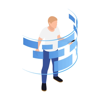 Big data analysis isometric icons composition with character of man surrounded by holographic screens vector illustration