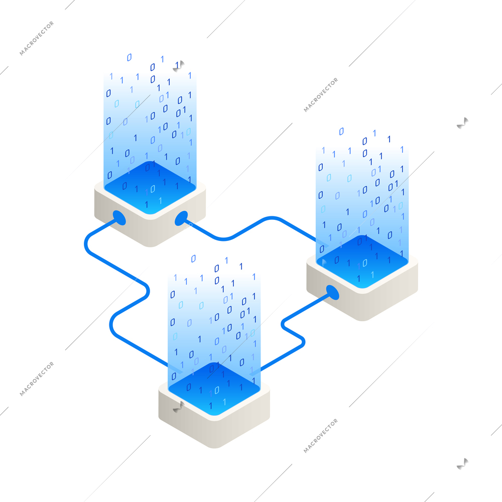 Big data analysis isometric icons composition with image of devices connected with wires with holographic streams of digits vector illustration