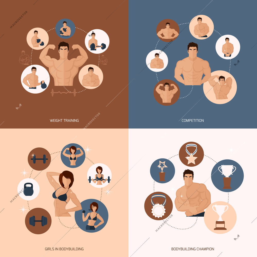 Bodybuilding fitness gym flat icons set with weight training competition girls champion isolated vector illustration