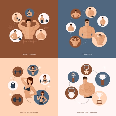 Bodybuilding fitness gym flat icons set with weight training competition girls champion isolated vector illustration