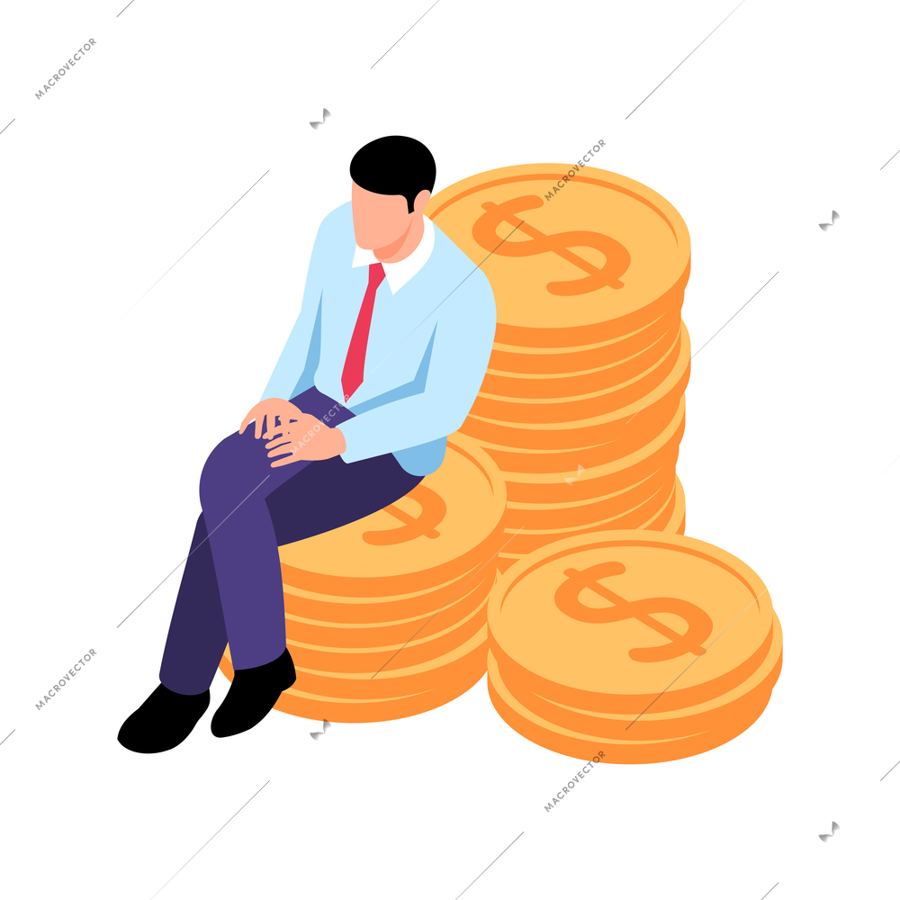 Isometric womens rights feminism gender equality composition with isolated character of man among coin stacks vector illustration