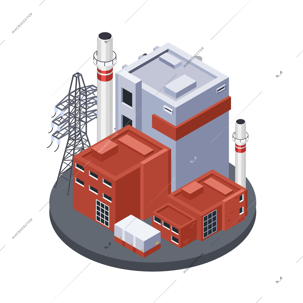 Electricity isometric icons composition with isolated image of electric power plant buildings vector illustration