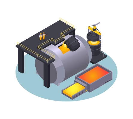 Isometric metal industry metalworking plant composition with equipment for casting iron and characters of workers isolated vector illustration