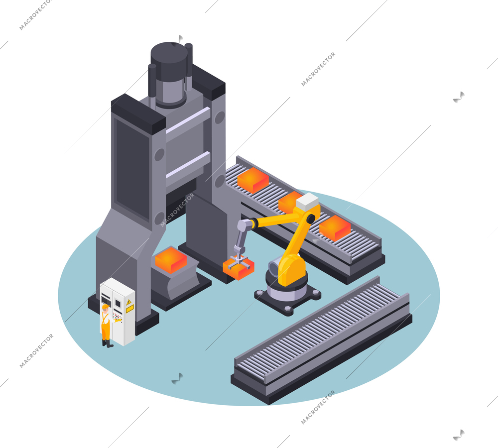 Isometric metal industry metalworking plant composition with equipment for casting iron and characters of workers isolated vector illustration