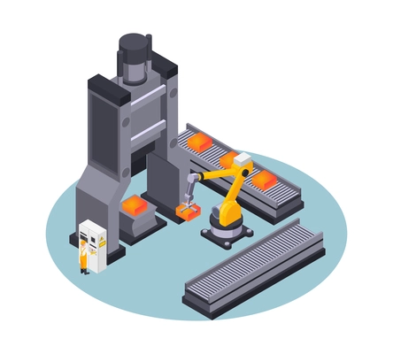 Isometric metal industry metalworking plant composition with equipment for casting iron and characters of workers isolated vector illustration
