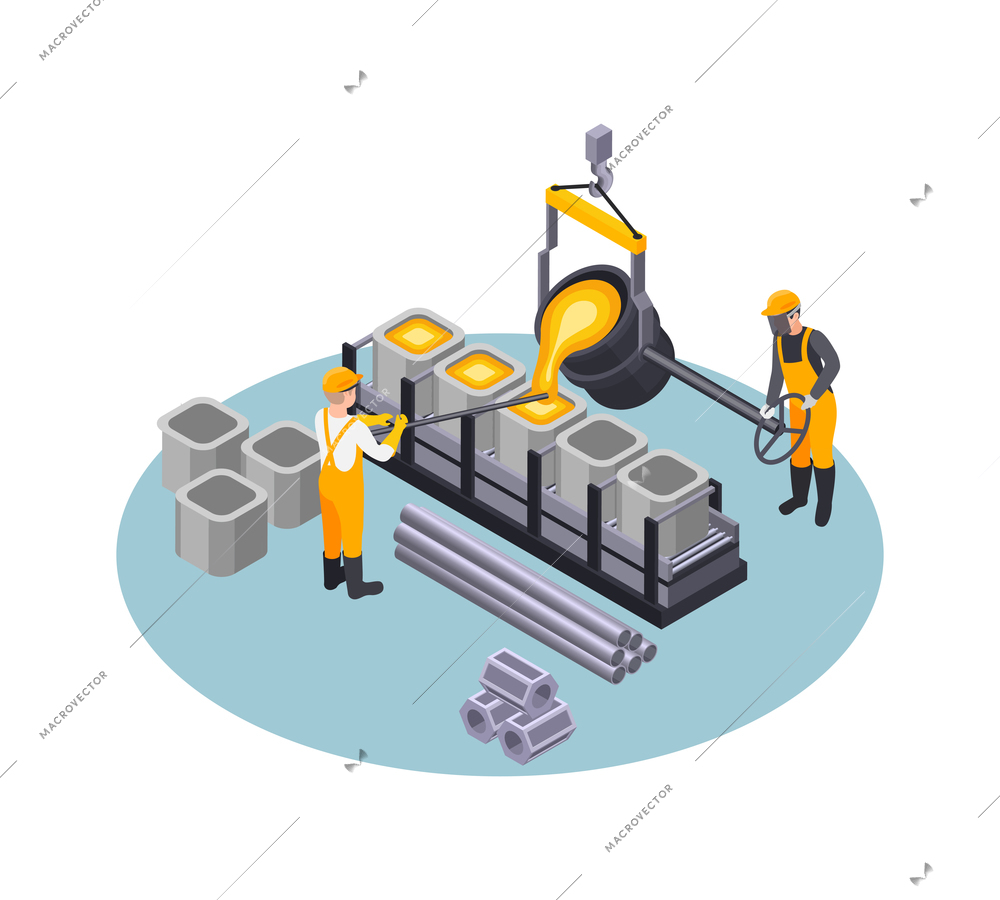 Isometric metal industry metalworking plant composition with equipment for casting iron and characters of workers isolated vector illustration